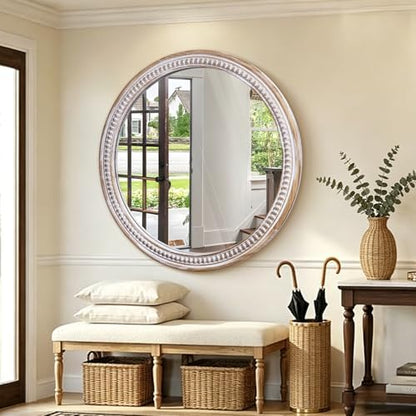 30 Inch Round Wood Mirror, Rustic Farmhouse Wall Mirrors for Bathroom