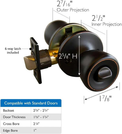 Design House Terrace Door Knob and Hardware, ANSI Grade-3 Certified, Bedroom/Bathroom Privacy Lock, Multiple Length Door Backset, Oil-Rubbed Bronze, 1.85 in. Diameter, 728725