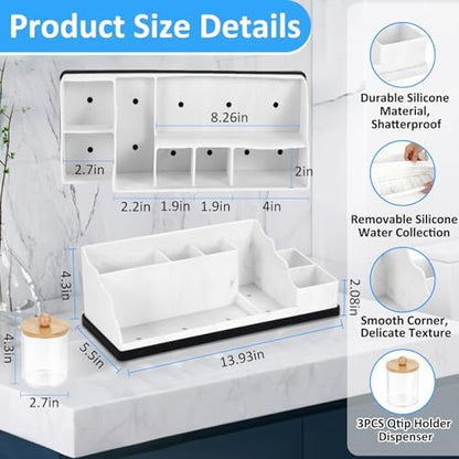 Bathroom Organizer Countertop, White Silicone Toothbrush Holders for Bathrooms with 3PCS Qtip Holder Dispenser, Toothbrush and Toothpaste Holder for Bathroom Counter Organization Storage Vanity