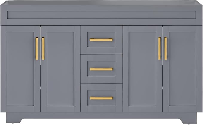 60 Inch Bathroom Vanity Without Sink, Modern Solid Wood Bathroom Storage Vanity with 4 Soft Closing Doors & 3 Full Extension Drawers,Quick Assemble Cabinet in Grey
