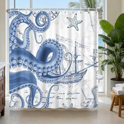 Ocean Theme Nautical Shower Curtain Set with 12 Hooks, Waterproof Bathroom Shower Curtain with Weighted Hem, Machine Washable Navy Blue Octopus Fabric Shower Curtains for Bathroom, 72"W x 72"L