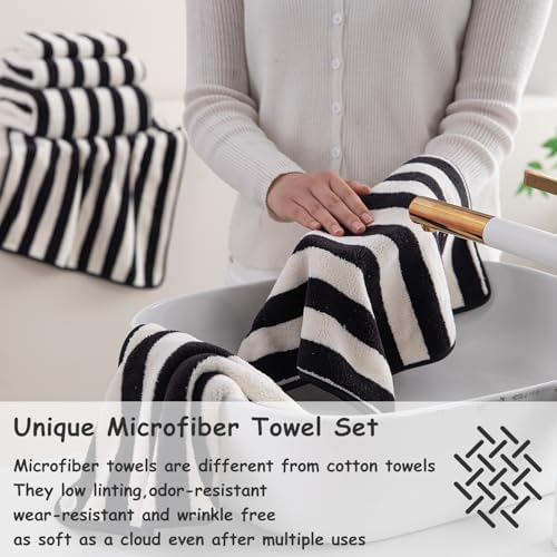 18 Pcs Black White Cabana Stripe Bath Towel Set with Hanging Loop-6 Bath Towels,6 Hand Towels,6 Washcloths Family Towels Set Bathroom Towel Highly Absorbent Quick Dry Shower Towel for Beach Spa Gym