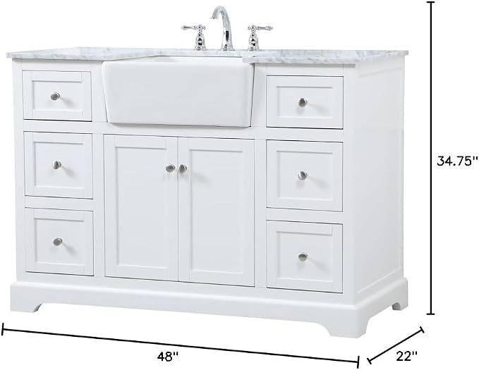 48" Pre-Assembled Bathroom Vanity with Sink, Solid Birch and MDF, Carrara White Marble Countertop Attached, Single Rectangle Porcelain Sink, 6 Soft-Close Drawers, White