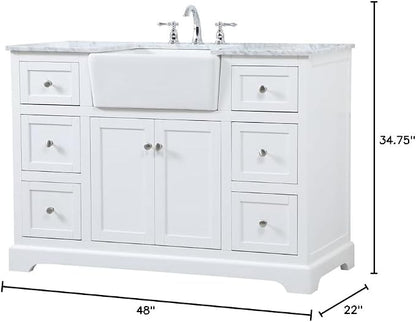 48" Pre-Assembled Bathroom Vanity with Sink, Solid Birch and MDF, Carrara White Marble Countertop Attached, Single Rectangle Porcelain Sink, 6 Soft-Close Drawers, White