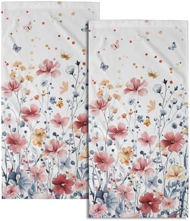 Watercolor Flowers Hand Towels, 14x28 Inch Pink Blue Floral Butterfly Botanical Absorbent Soft Dish Washing Cloth Face Tea Towels for Kitchen Bathroom Gym Hotel Spa Decor