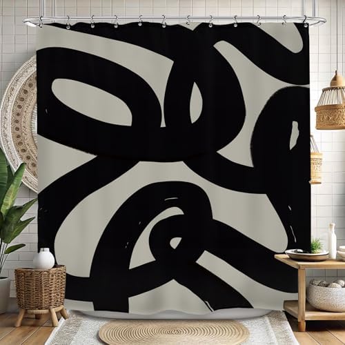 Abstract Black Shower Curtain 72Wx72L Inch Modern Minimalist Contemporary Geometric Line Neutral Simple Bathroom Set Accessories Decor with 12 Pack Hooks