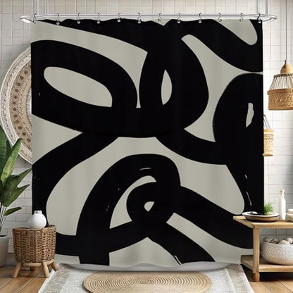 Abstract Black Shower Curtain 72Wx72L Inch Modern Minimalist Contemporary Geometric Line Neutral Simple Bathroom Set Accessories Decor with 12 Pack Hooks