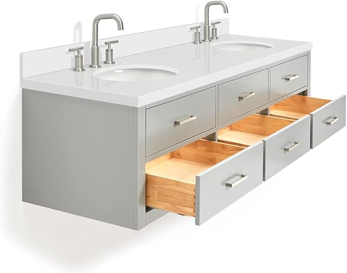 ARIEL Hutton 73 in. Double Oval Sink Floating Wall Vanity with 1.5" Inch White Quartz Countertop in Grey