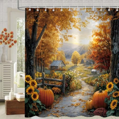 Fall Shower Curtain, Autumn Pumpkin Tree Bathroom Decor, 72 x 72 Inch Polyester Fabric Waterproof Bathroom Curtain with 12 Hooks