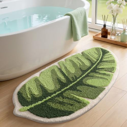 LUMI Cute Bathroom Rug Green Leaf, Absorbent Non Slip Bath Mat, 24"x48"