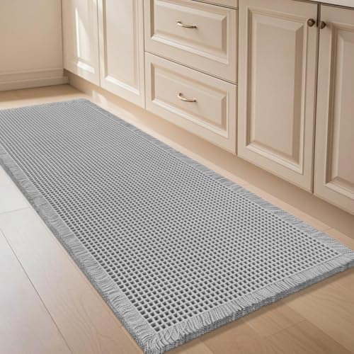 IM HOME Waffle Bath Mat Light Grey 4'x2', Boho Woven Modern Bath Mat Rugs, Absorbent Non Slip Bathroom Rugs, Soft Washable Bath Rugs with Tassels for Bathroom, Bedroom, Kitchen, Shower, Tub