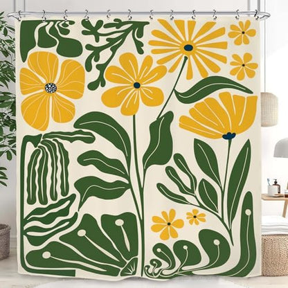 Yellow Green Matisse Flower Shower Curtain 60Wx72L Inch Abstract Retro Aesthetic Minimalist Vintage Art 70s Trendy Modern Bathroom Set Accessories Decor with 12 Pack Hooks
