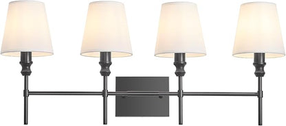 Black Bathroom Vanity Light 4 Light，32.3In Vintage Bathroom Light Fixtures Over Mirror,Hardwired Vanity Wall Sconce with Flared White Fabric Lampshade for Bedroom,Living Room,Foyer,E12 Base