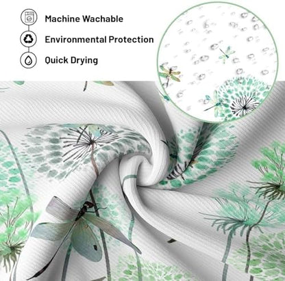 Mint Green Dandelion Shower Curtain Spring Dragonfly Teal White Watercolor Shower Curtains for Bathroom Decor, Waterproof Cloth Fabric with Hooks 70" Wx72 L
