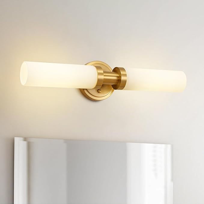 Gold Bathroom Light Fixtures Modern Vanity Lights W/White Glass Shade, 2-Light Sconces Wall Lighting for Mirror Kitchen Bedroom Hallway, Brushed Brass Gold Wall Decor Wall Mount Lamp