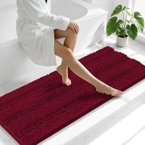 Smiry Thick Chenille Bathroom Runner Rugs 47x20, Soft Bath Mat, Burgundy