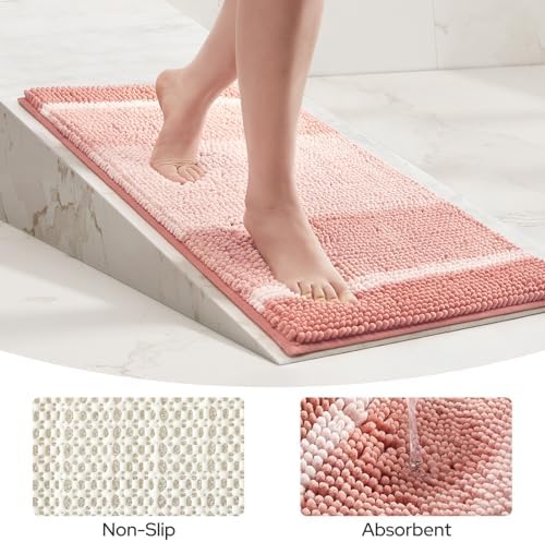 HOMEIDEAS Pink Bathroom Rugs Set of 2, Striped Chenille, 20"x32"+17"x24"