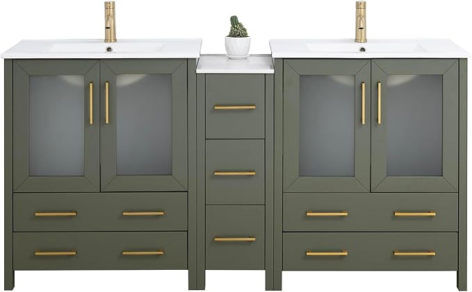 Vanity Art 72 Inch Under Mount Double Sink Bathroom Vanity Cabinet with 2 Mirrors, Ceramic Top Bathroom Cabinet Compact Set with 7 Dovetail Storage Drawers and Golden Brushed Handles, VA3030-72-VG