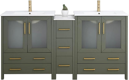 Vanity Art 72 Inch Under Mount Double Sink Bathroom Vanity Cabinet with 2 Mirrors, Ceramic Top Bathroom Cabinet Compact Set with 7 Dovetail Storage Drawers and Golden Brushed Handles, VA3030-72-VG