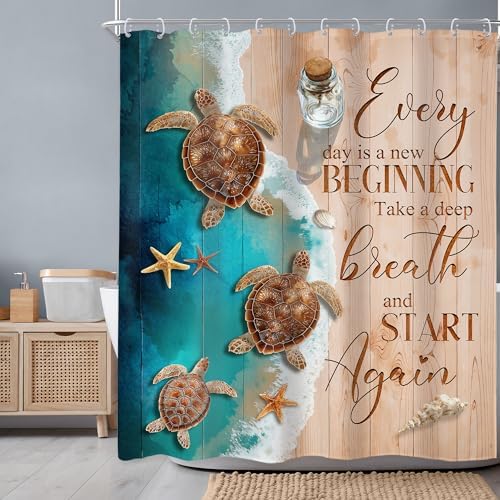 Ocean Beach Turtle Blue Brown Sand Beachy Sea Bathroom Shower Curtain Set