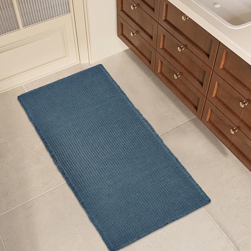 ZALL Blue Waffle Bath Mat,Super Absorbent Non Slip Bathroom Rug, 24x48inch, Machine Washable Ultra Soft Floor Mats
