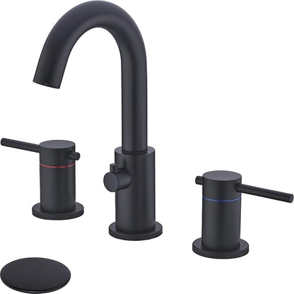 Bathroom Faucet 3 Hole Matte Black - Flow-Setting 8 Inch Widespread Bathroom Sink Faucet with 360° Swivel Spout for Small Vanity, with Overflow Pop Up Drain and cUPC Waterlines