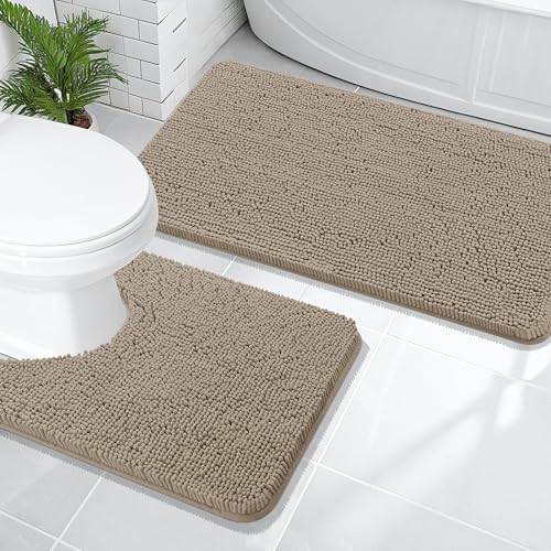 OLANLY Chenille Bathroom Rugs Mats Set 2 Piece, 47"x20"+24"x20", Warm Taupe