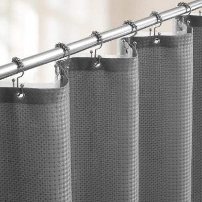 Grey Shower Curtain and Liner Set, 3 in 1 Waffle Shower Curtain Set with 12 Double Sided Shower Curtain Hooks, Fabric Shower Curtains for Bathroom 72 x 72