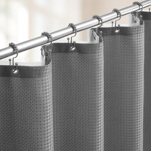 3 in 1 Shower Curtain Set, Waffle Shower Curtain and Liner Set with 12 Double Sided Shower Curtain Hooks, 72 x 84 Fabric Shower Curtains for Bathroom, Grey