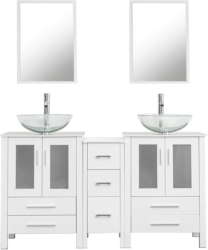 UEV 60" Double Sink Bathroom Vanity,White Bathroom Vanity with Double Side Vanity Cabinets & Removable 3 Drawer Storage Cabinet,Modern Bathroom Vanity with Vessel Sink Combo,Mirror Not Included(A16)