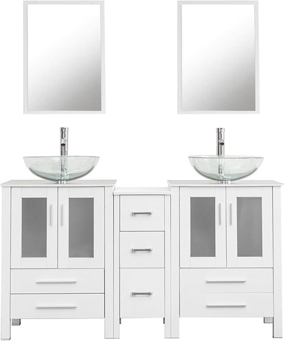 UEV 60" Double Sink Bathroom Vanity,White Bathroom Vanity with Double Side Vanity Cabinets & Removable 3 Drawer Storage Cabinet,Modern Bathroom Vanity with Vessel Sink Combo,Mirror Not Included(A16)