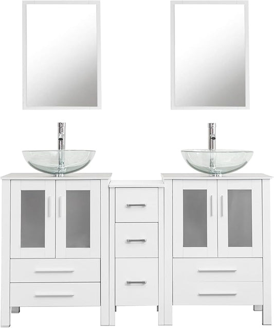 UEV 60" Double Sink Bathroom Vanity,White Bathroom Vanity with Double Side Vanity Cabinets & Removable 3 Drawer Storage Cabinet,Modern Bathroom Vanity with Vessel Sink Combo,Mirror Not Included(A16)