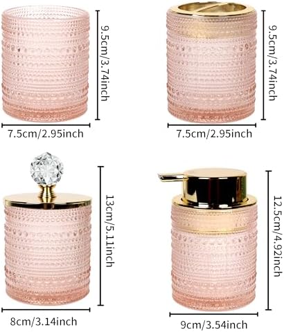 FEILANDUO Bathroom Accessories Set,4Pcs Glass Bathroom Accessories,Vanity Bathroom Decor, Soap Dispenser, Toothbrush Holder Set, Apothecary Jar, Gift for Home Apartment (Pink)