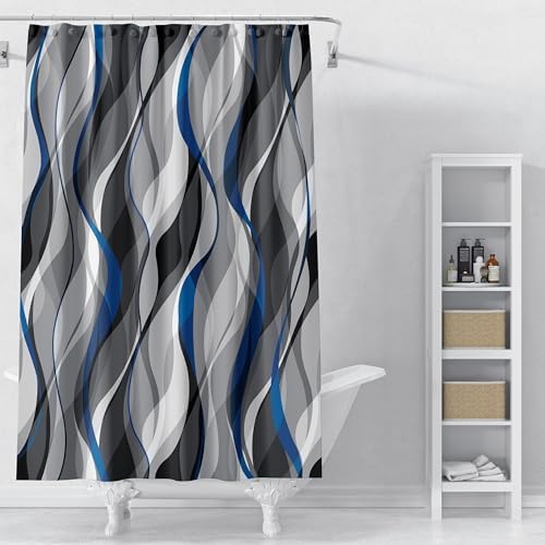 weesire Blue and Grey Shower Curtain for Bathroom Blue and Black Shower Curtain Fabric Modern Abstract Striped Minimalist Bath Curtains Waterproof Shower Curtains Set, Black Gray Blue, 72 x 72 Inch