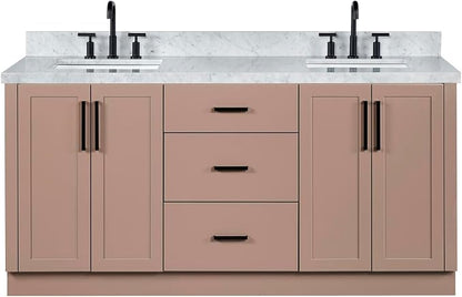 ARIEL Loren 72-inch Bathroom Vanity with Sink,Solid Wood, 1.5-inch Italian Carrara Marble Countertop, Double Rectangular Porcelain Sink, 4 Soft Closing Doors, 3 Dovetail Drawers, Mocha