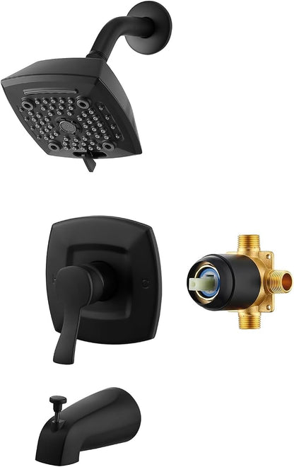 Tub Shower Faucet Set Valve Included with 6-Inch Rain Shower Head and Tub Spout Single-Handle Tub and Shower Trim Kit Matte Black