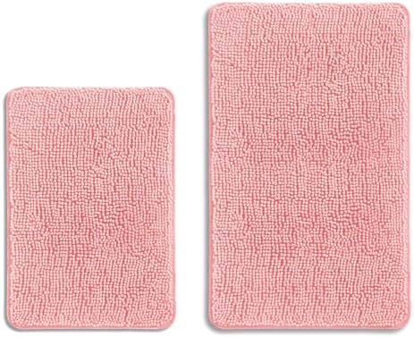 Pink Bathroom Rugs Sets 2 Piece – Absorbent and Washable Bath Mat, Non-Slip, Thick Soft Chenille Bath Rugs for Bathroom Floor, Shower, Sink - 17" x 24"+20" x 32"