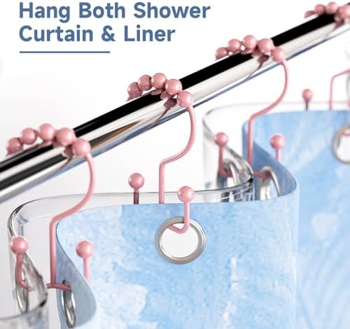 Titanker Shower Curtain Hooks Rings, Rust-Resistant Metal Double Glide Shower Hooks for Bathroom Shower Rods Curtains, Set of 12 Hooks - Light Pink