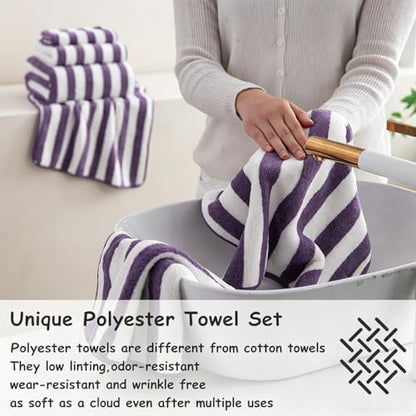18 Pcs Purple Stripe Bath Towel Set with Hanging Loop-6 Bath Towels,6 Hand Towels,6 Washcloths Soft Family Towels Set Bathroom Towel Highly Absorbent Quick Dry Shower Towel for Beach Spa Gym Hotel