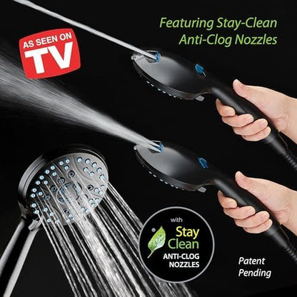 AquaCare 50-mode High Pressure Shower Head Combo with Arm & Dual Power Wash | Hygienic Jets, 2-mode Handheld Power Wash for Tub, Tile & Pets, Long 6 ft. Stainless Steel Hose, Extra Wall Bracket / Black