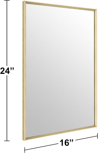 Bathroom Wall Mirror, 16" x 24" Brushed Gold Vanity Mirror for Over Sink | Rectanglar Metal Framed Mirror for Over Sink, Tempered Glass, Anti-Rust, Hangs Horizontally or Vertically