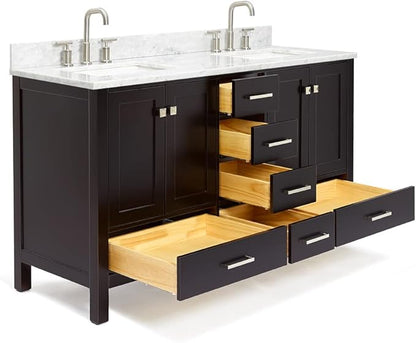 ARIEL Cambridge 60-inch Bathroom Vanity with Sink,Solid Wood, 0.75-inch Italian Carrara Marble Countertop, Double Rectangular Porcelain Sink, 4 Soft Closing Doors, 6 Dovetail Drawers, Espresso