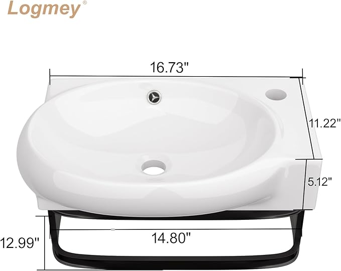 Logmey Wall Mount Bathroom Sink 16-1/2"x11" Floating Sink White Porcelain Ceramic Wall Hung Vessel Sink Wash Hand Basin with Bracket