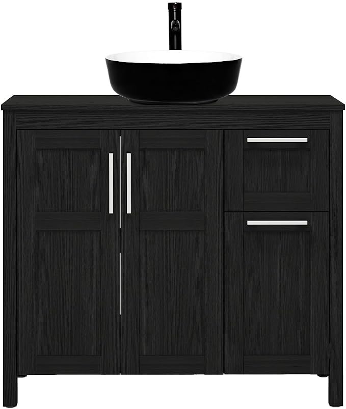 YOURLITE Bathroom Vanity with Sink, 36" Black Bathroom Vanity Sink Combo with Black White Ceramic Basin Faucet & Pop Up Drain Set