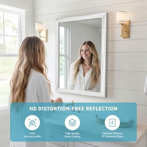 White Wood Effect Framed Wall Mirror, 24x36 Rectangle Mirror
