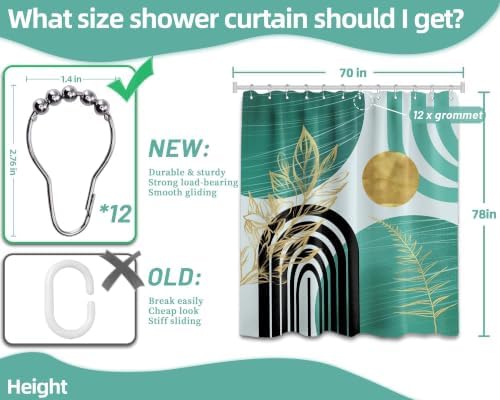Teal and Gold Extra Long Shower Curtain, Tall 72X78 in, Mid Century