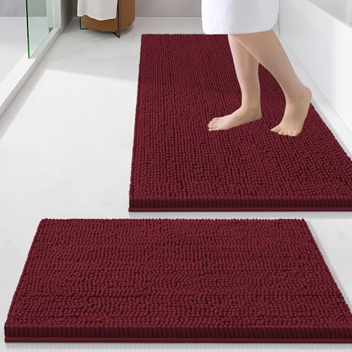 Smiry Chenille Bathroom Rugs Sets 2 Piece (34x21+24x16, Burgundy)