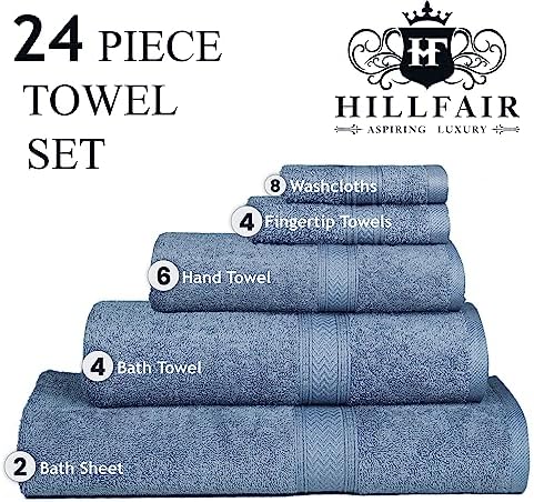 HILLFAIR 100% Cotton 24 Piece Bath Towels Set for Bathroom - Wedgewood Blue