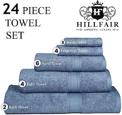 HILLFAIR 100% Cotton 24 Piece Bath Towels Set for Bathroom - Wedgewood Blue