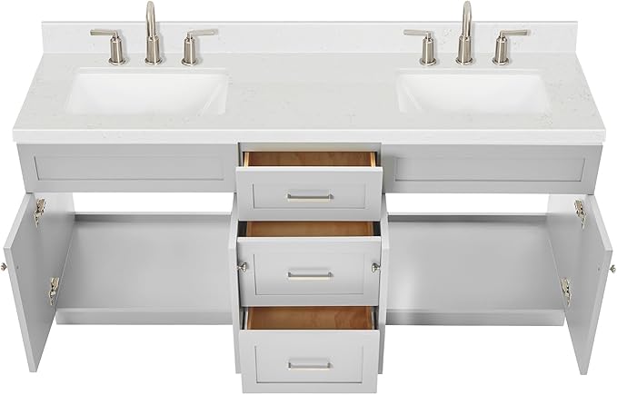 ARIEL Hamlet 72-inch Bathroom Vanity with Sink,Solid Wood, 1.5-inch Carrara White Quartz Countertop & Backsplash, Double Rectangular Porcelain Sink, 4 Soft Closing Doors, 3 Dovetail Drawers, Grey